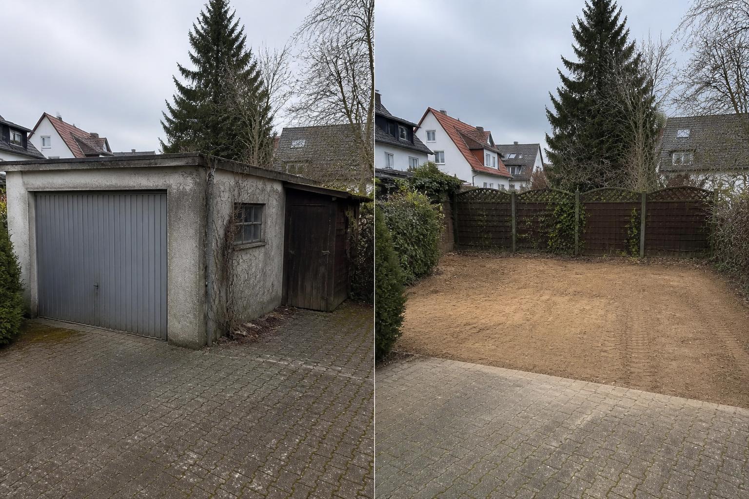 Visualisierung einer Garage vor und einer freien Fläche nach dem Rückbau – Vorher