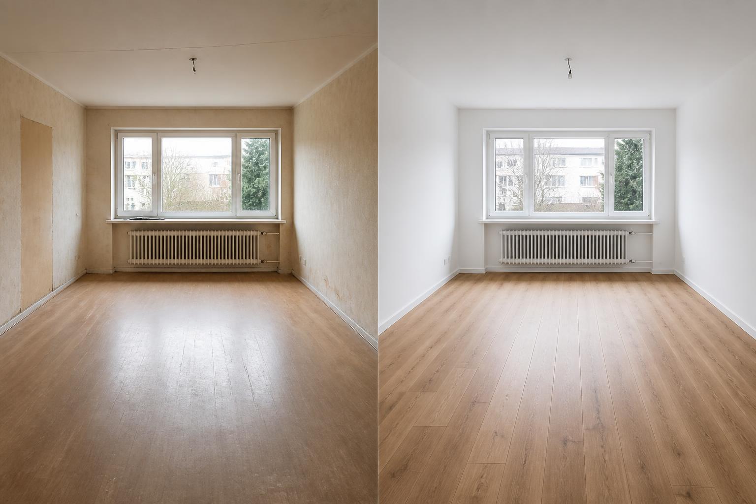 Visualisierung eines Wohnraums vor und nach einer Renovierung – Vorher